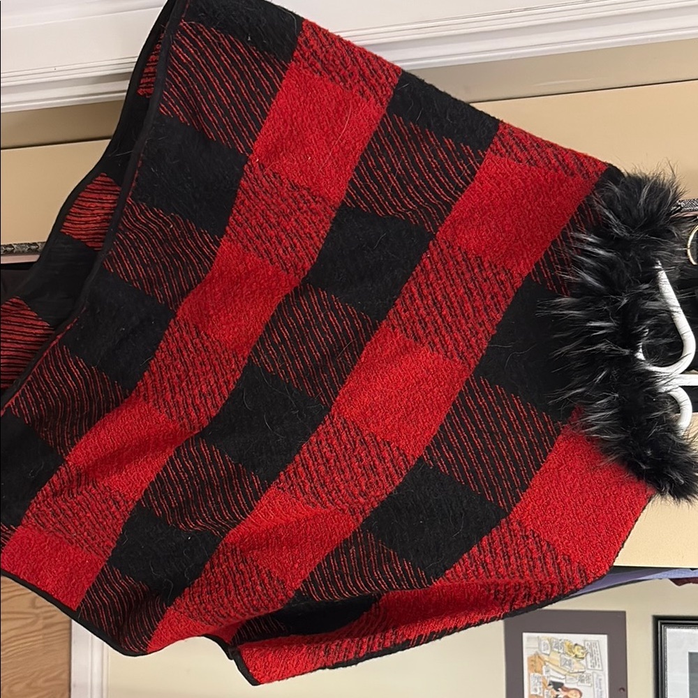 Red and Black Plaid Poncho with Faux Fur Trim